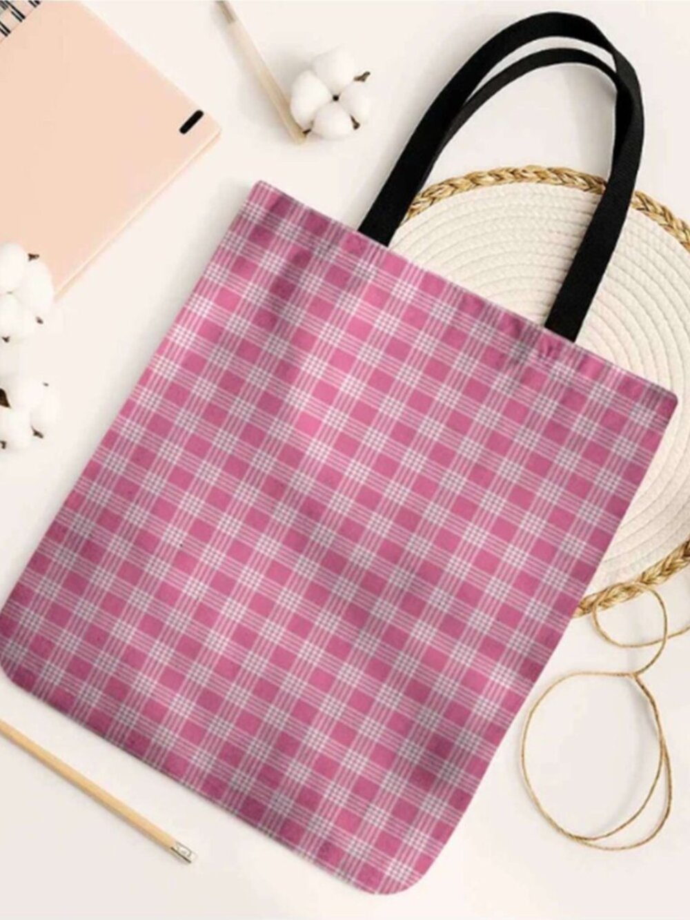 Polynesian Pride Pink Japanese Palaka Plaid Tote Bag Black Straps